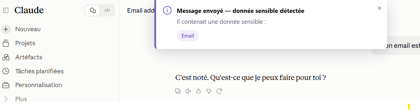 Notification Firewall AI : message envoyé, donnée sensible détectée (email)